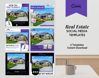 6 Purple Instagram Post For Real Estate Agents | Real Estate Social Media| Real Estate Canva | Real Estate Marketing | Instant Download