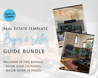 May include: A real estate template guide bundle for buyers and sellers. The bundle includes a buyer guide with 15 pages and a seller guide with 19 pages. The image shows two mockups of the guides with interior design photos.