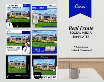 6 Blue Instagram Post For Real Estate Agents | Real Estate Social Media| Real Estate Canva | Real Estate Marketing | Instant Download