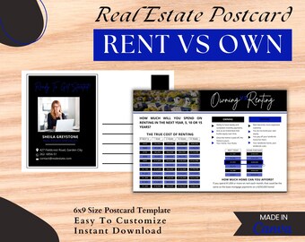 Blue Renting vs Owning Postcard | 6x9 Real Estate Postcard | Real Estate Farming | Real Estate Mailer| Home Buyer Postcard
