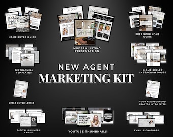 May include: A black and white marketing kit for new real estate agents. The kit includes templates for home buyer guides, seller guides, Instagram posts, and YouTube thumbnails. The text includes "New Agent Marketing Kit".