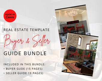 May include: A real estate template guide bundle for buyers and sellers. The bundle includes a buyer guide with 15 pages and a seller guide with 19 pages. The image shows two interior design photos with a fireplace and a chandelier.