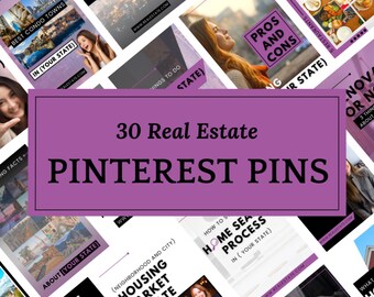 30 Purple Pinterest Pins For Real Estate Agents | Real Estate Social Media| Pinterest Template | Real Estate Marketing | Instant Download