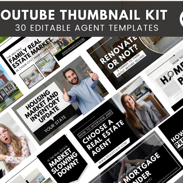 30 YouTube Thumbnails For Real Estate Agents | Real Estate Social Media| Realtor YouTube Template | Real Estate Marketing | Instant Download