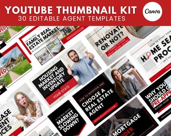 30 Red YouTube Thumbnails For Real Estate Agents | Real Estate Social Media| Realtor YouTube Template | Realtor Marketing |Download