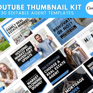 May include: A collage of 30 YouTube thumbnail templates for real estate agents. The thumbnails feature various real estate topics, such as the housing market, choosing a real estate agent, and renovating a home. The thumbnails are designed in a modern style with a blue and black color scheme.
