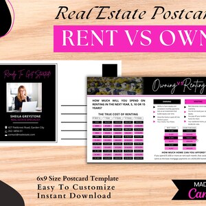 Cartão postal rosa de aluguel vs. propriedade | Cartão postal imobiliário 6x9 | Fazenda imobiliária | Correio imobiliário | Cartão postal do comprador de casa