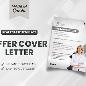 Plantilla de carta de oferta inmobiliaria / Carta de oferta destacada / Información del agente inmobiliario / Marketing inmobiliario / Descarga instantánea