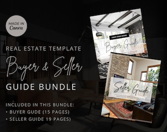 May include: A real estate template bundle for buyers and sellers. The bundle includes a buyer guide with 15 pages and a seller guide with 19 pages. The image shows two covers for the guides, each featuring a modern home interior.