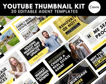 30 Yellow YouTube Thumbnails For Real Estate Agents | Real Estate Social Media| Realtor YouTube Template | Realtor Marketing |Download