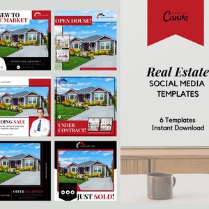 6 Red Instagram Post For Real Estate Agents | Real Estate Social Media| Real Estate Canva | Real Estate Marketing | Instant Download