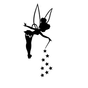 May include: Black silhouette of a fairy with wings, holding a wand and sprinkling stars.