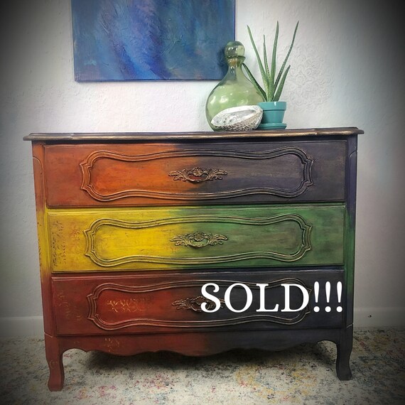 SOLD Rainbow Dresser. Hand painted Bureau. Boho Bedroom Decor