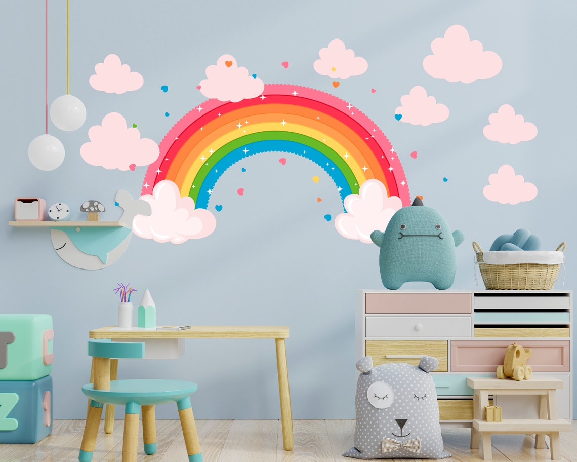 Rainbow Wall Sticker With Clouds For Kids And Nursery Etsy