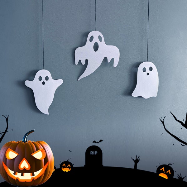 Ghost Halloween Decorations, Laser-Cut on White Card for Hauntingly Chic Decor (3 pack)