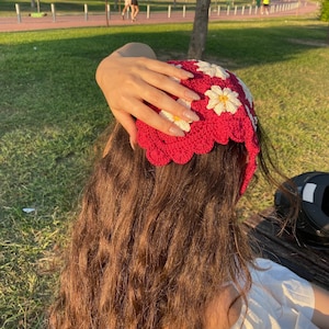 Daisy Burgundy Crochet Bandana, Flower Hair Kerchief, Boho Hair Scarf, Retro Bandana, Valentine&#39;s Day Gift for Her, Crochet Hair Accessory
