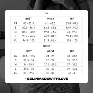 Puede incluir: Tabla de tallas para ropa con medidas en pulgadas y cent&iacute;metros. La tabla muestra las medidas de busto, cintura y cadera para las tallas XS, S, M, L y XL.