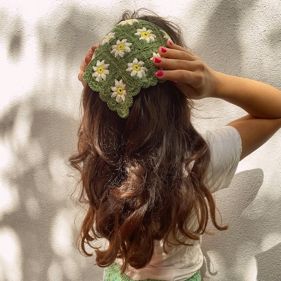 Daisy Crochet Bandana – Green Brown Khaki | Boho Hair Scarf  display picture 3