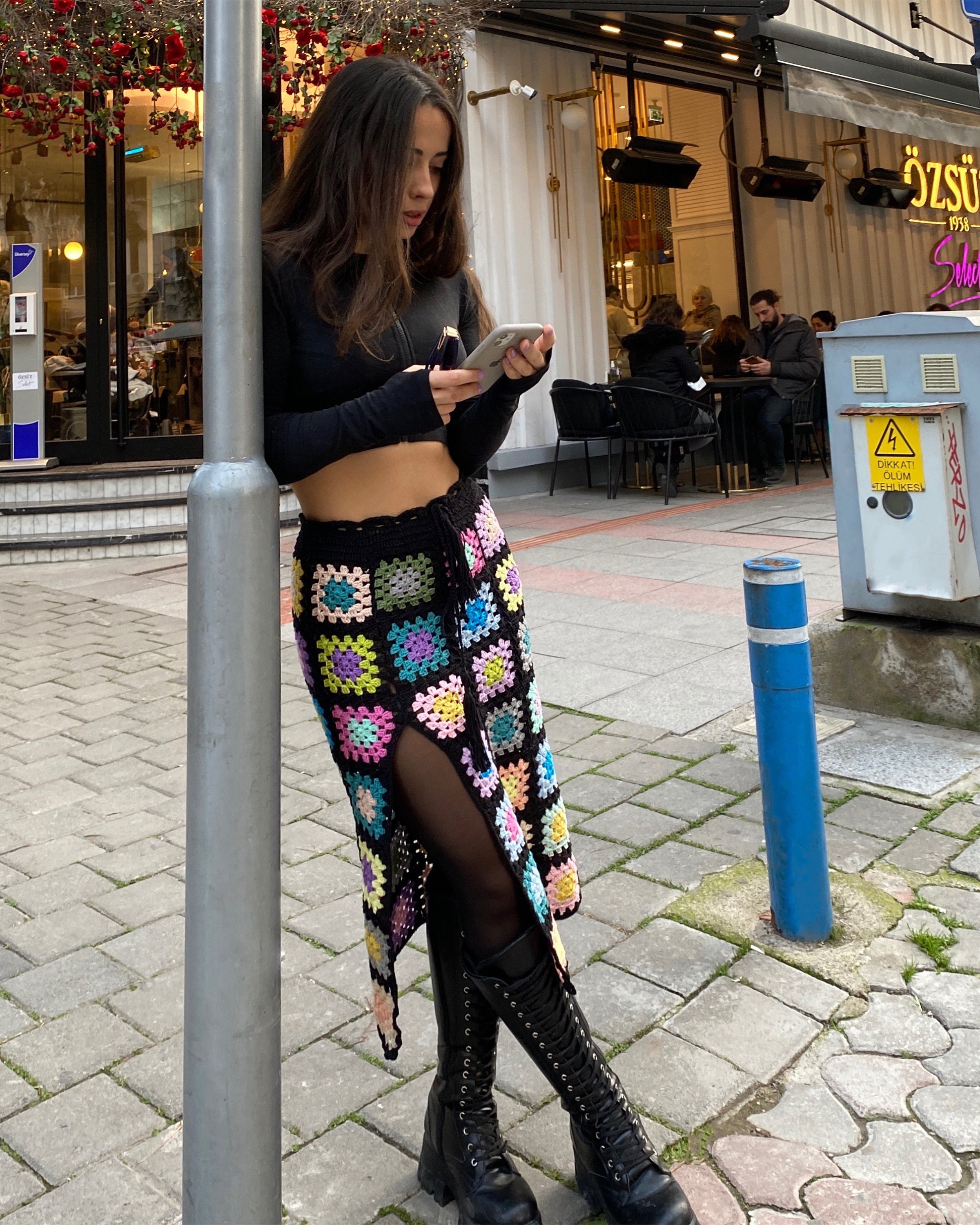 Afghan Crochet Vintage Skirt, Granny Square Colorful Crochet Afghan Crochet Vintage Skirt, Granny Square Colorful Crochet