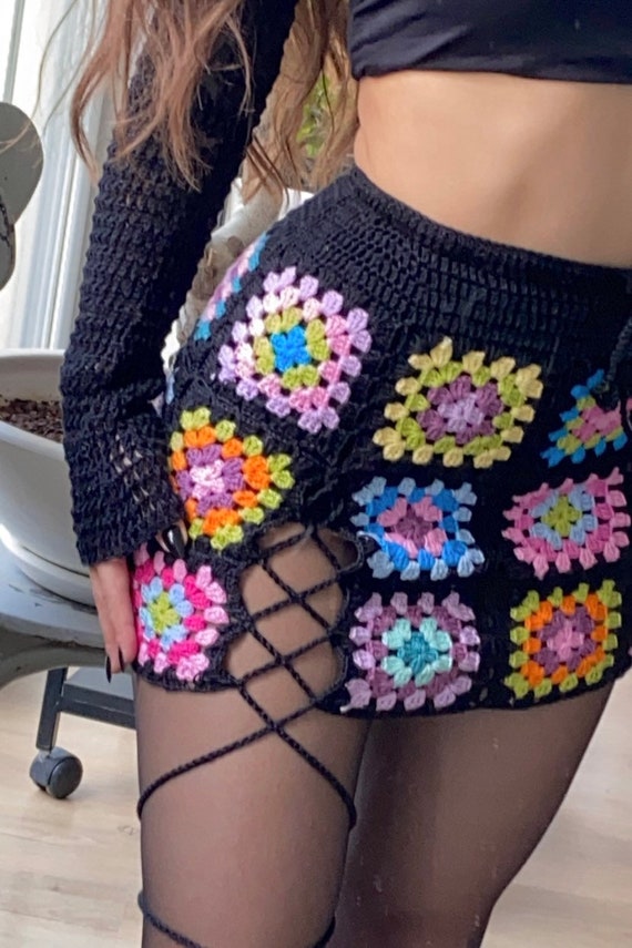 Afghan Crochet Vintage Skirt, Granny Square Mini Skirt