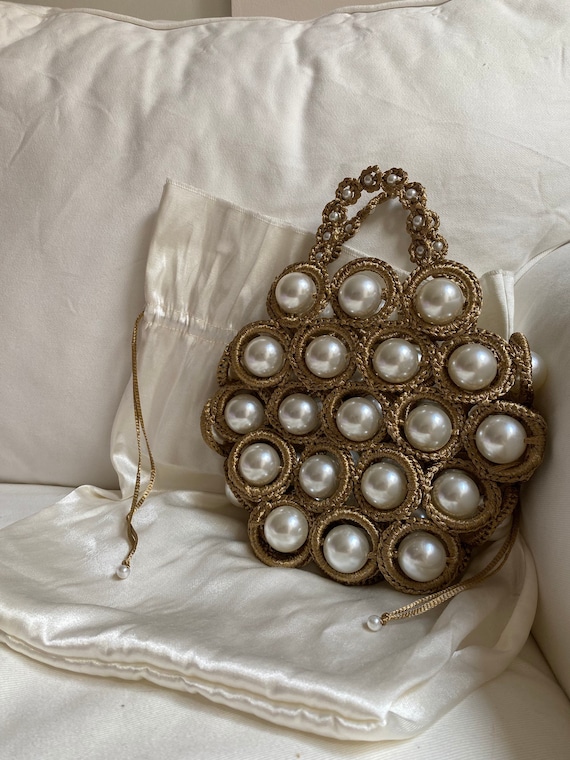 Golden Crochet Shoulder Pearl Handbag Knitted Design Purse 