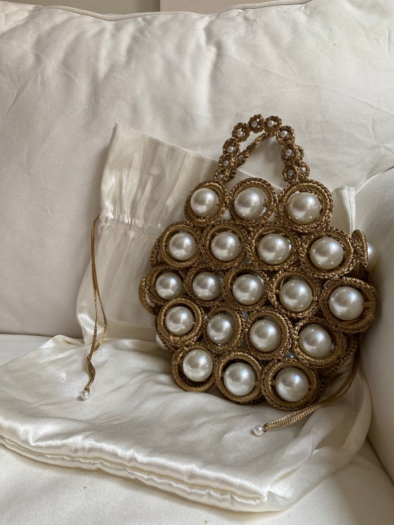 Golden Crochet Shoulder Pearl Handbag Knitted Design Purse 