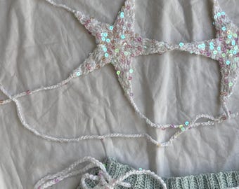 Handmade Crochet Festival Set – Star Sequin Bikini Top and High Waisted Shorts – Boho Beachwear – Fairycore Outfit