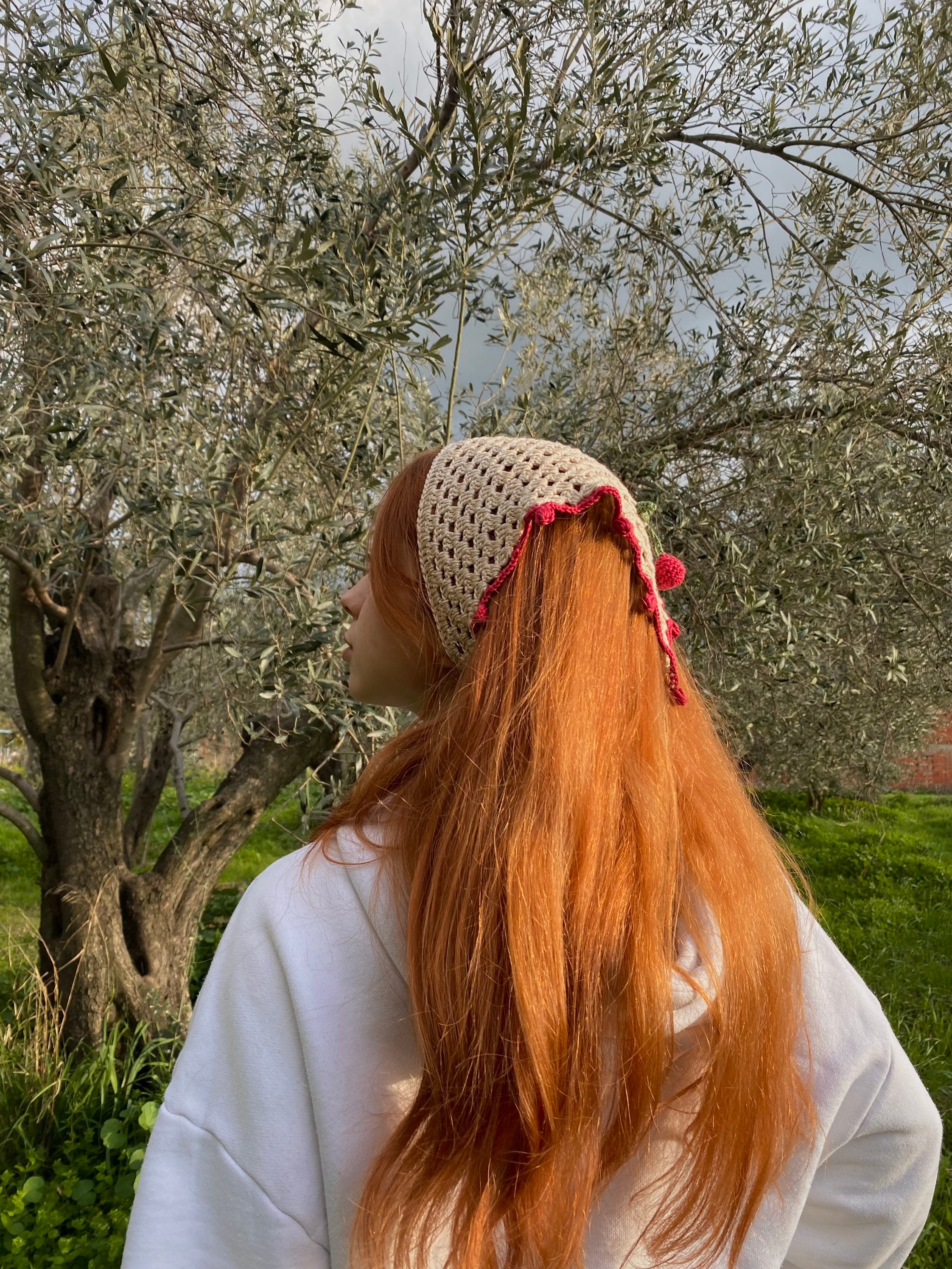 Beige Cherry Crochet Bandana, Flower Hair Kerchief, Boho  display picture 1
