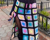 Afghan Crochet Vintage Skirt, Granny Square Colorful Crochet