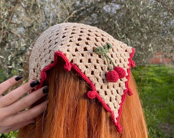 Beige Cherry Crochet Bandana, Flower Hair Kerchief, Boho Hair Scarf, Valentine's Day Gift for Her, Red Crochet Hair Accessory