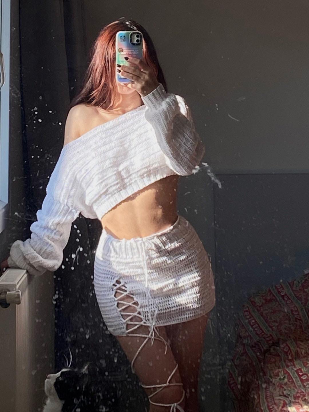 White Crochet Mini Slit Skirt and Oversized Crop Top, Festival Clothing ...