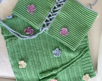 Boho Crochet Set – Green Mini Skirt & Crop Top – Festival Outfit – Handmade Summer Clothes – Floral Crochet Clothing – Rave Wear