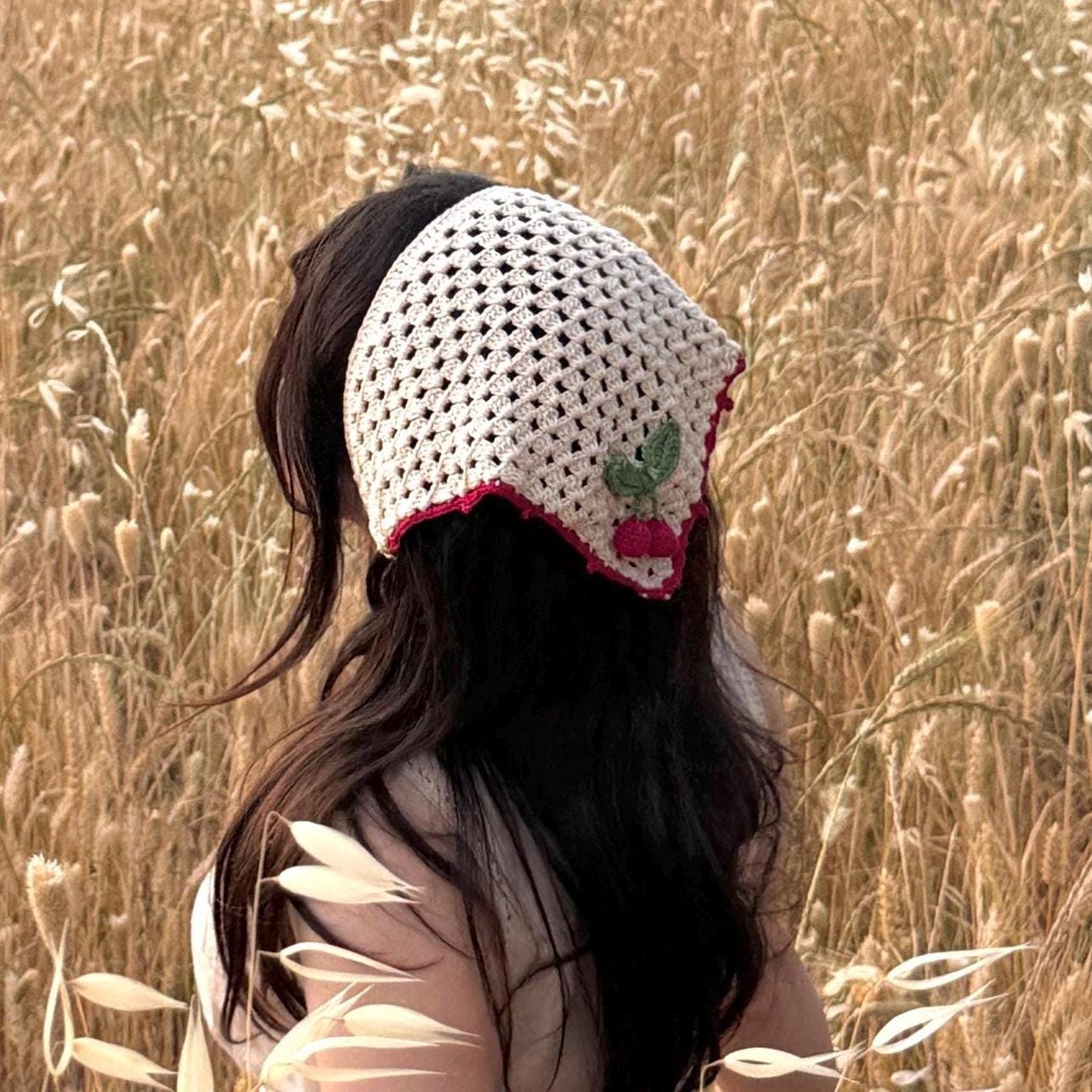 Beige Cherry Crochet Bandana, Flower Hair Kerchief, Boho Hair