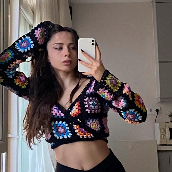 Afghan Crochet Vintage Skirt, Granny Square Mini Skirt