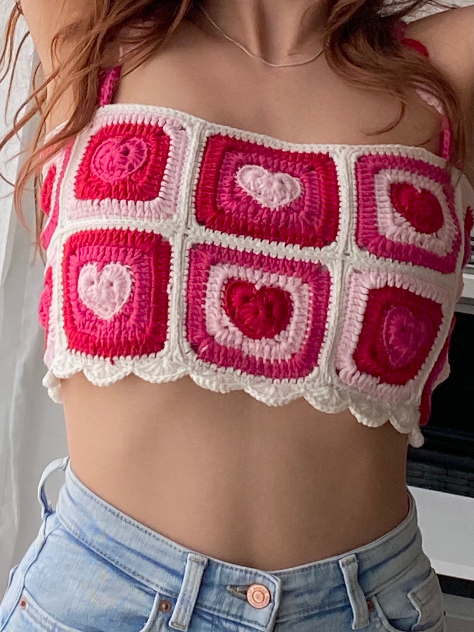 Tops, Pink Heart Shaped Pearl Crop Top Adjustable Straps