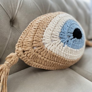 Evil Eye Turkish Crochet Throw Pillow, Crochet Cushion, Home Accessory, Mother&#39;s Day Gift for Her