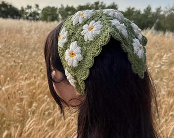 Pañuelo de ganchillo Daisy - Bufanda verde estilo boho para el cabello