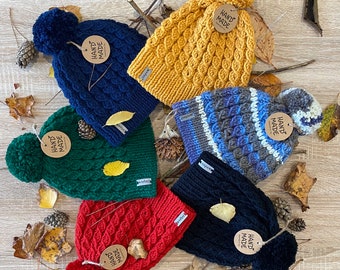 Hand knitted with love by Battybobs - bobble hats made from 30% merino wool