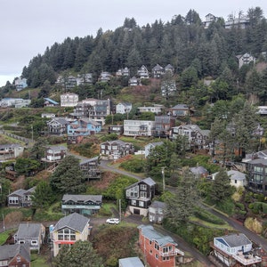 Könnte beinhalten: Eine Luftaufnahme eines Hügellandschaftsviertels mit Häusern, die sich zwischen üppigen grünen Bäumen befinden. Die Häuser sind ein Mix aus Stilen und Farben, einige mit Terrassen und Balkonen. Das Meer ist im Hintergrund zu sehen.