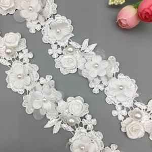1 Yard Elegante Weiße Perle Rose Blumen Spitzenbesatz Band Hochzeit Applikationen DIY Handbuch Nähzubehör Handwerk Dekoration