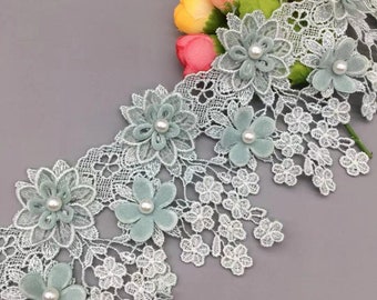 1 Yard Light Green Flower Pearl Embroidered Net Lace Fabric Trim Ribbon Wedding Applique DIY Manual Sewing Supplies Craft Decoration