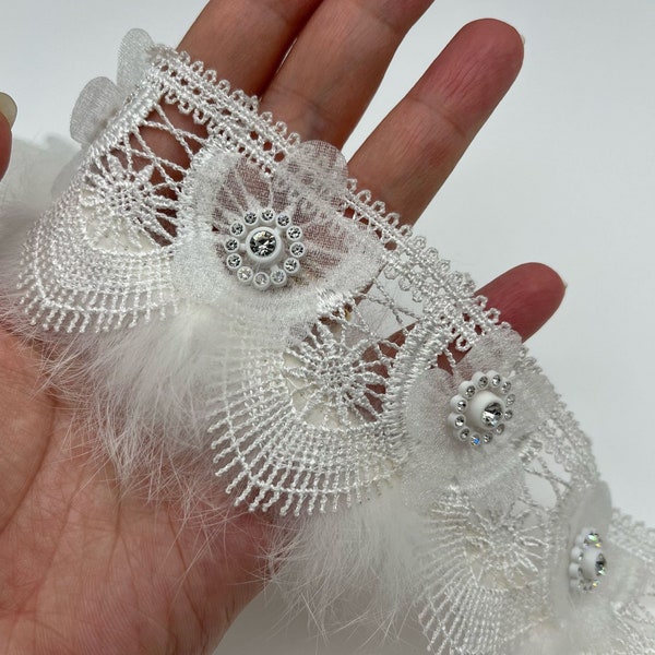 1 Yard Luxurious White Silk Pom Flower Leaf Lace Trim with Rhinestone Pompoms Fringe Ribbon Wedding Dress, Clothes, Hat, DIY Sewing Craft