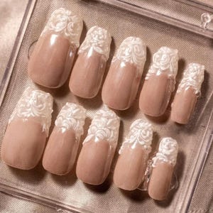 3 Dimensional French Baroque Press On Nails, Handmade Press On Nails, Bridal Nails