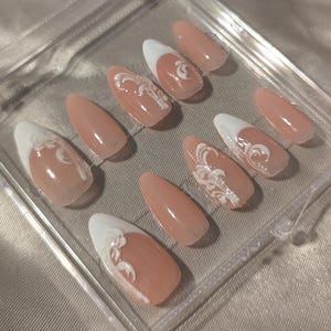 Swirly French Tip Press On Nails, Handmade Press On Nails, Bridal Nails