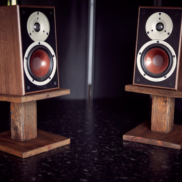 Pair - Desk Top Speaker stands - walnut - tilted - hand made using reclaimed beams - studio monitor mount - gift for him