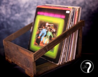 Handmade Mahogany wooden rustic record storage box for 50 12" inch vinyl records flip through collection