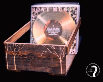 Handmade wooden record storage crate for 130 12" inch vinyl records deep mahogany rustic - gold tree art artwork
