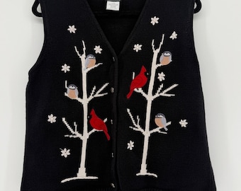 Southern Lady Vintage Black Bird Embroidered Knit Sweater Vest Size M Cardinal