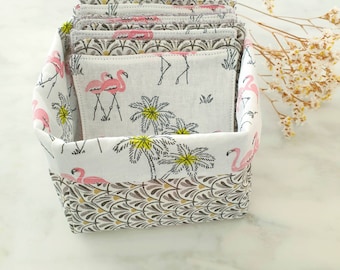 Lot de lingettes lavables motif flamands roses avec panier de rangement en coton & éponge bio, lingettes bébé, carrés démaquillants lavables