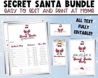 May include: Printable Secret Santa bundle with editable text. Includes a questionnaire, gift tag, and invitation. Features a cartoon Santa Claus with sunglasses.